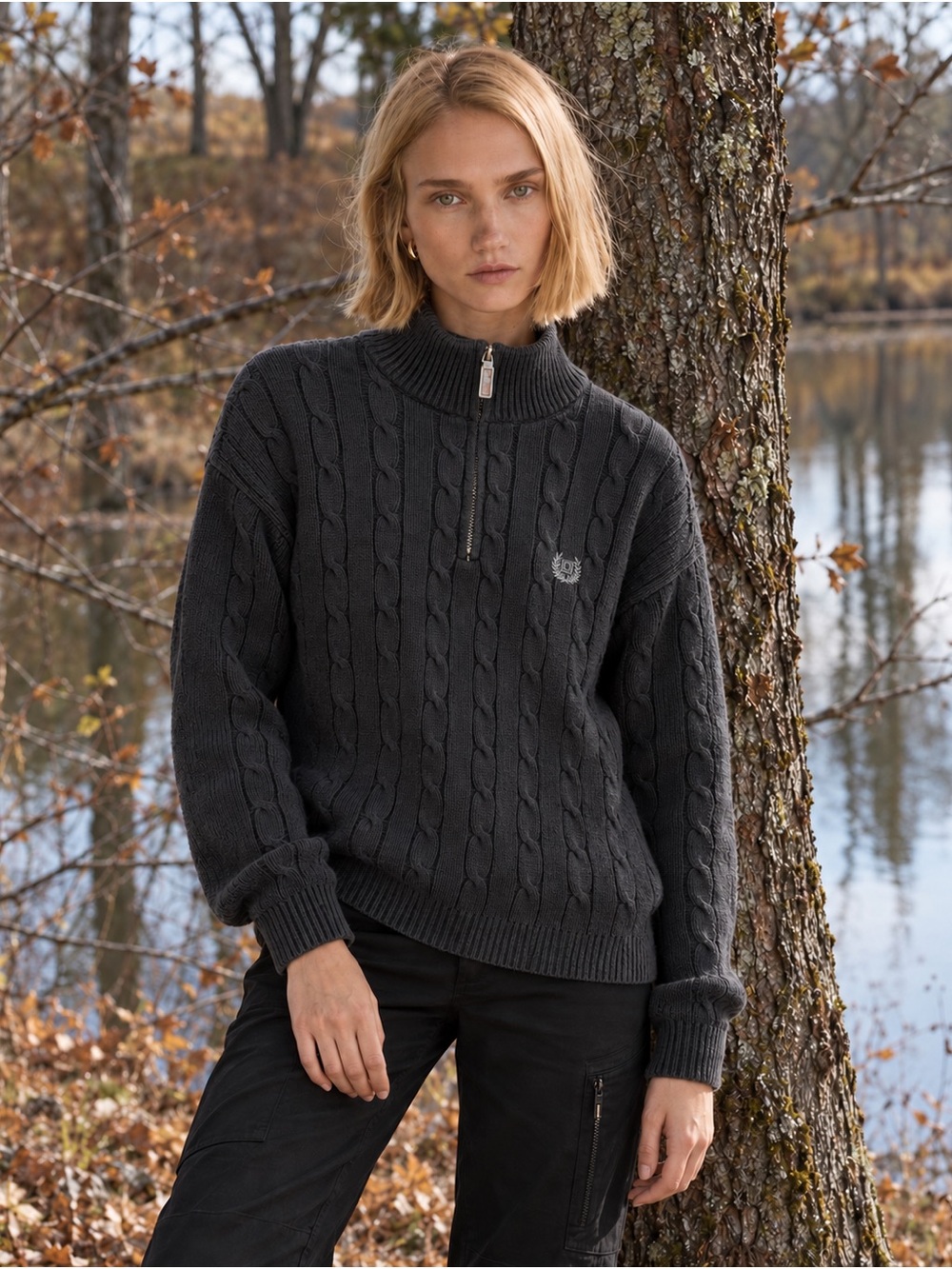 Chaps Cable Knit Quarter Zip 100% Cotton Sweater Washed Black Size XL